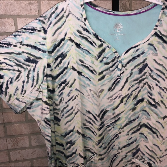 Healing Hands two button Jewel Neck blue and green patterned Scrub top - Picture 3 of 9
